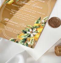 Gold Mirror Acrylic Invitation, Mediterranean Lemon Wedding Card, Personalised Destination Invite from Santorini