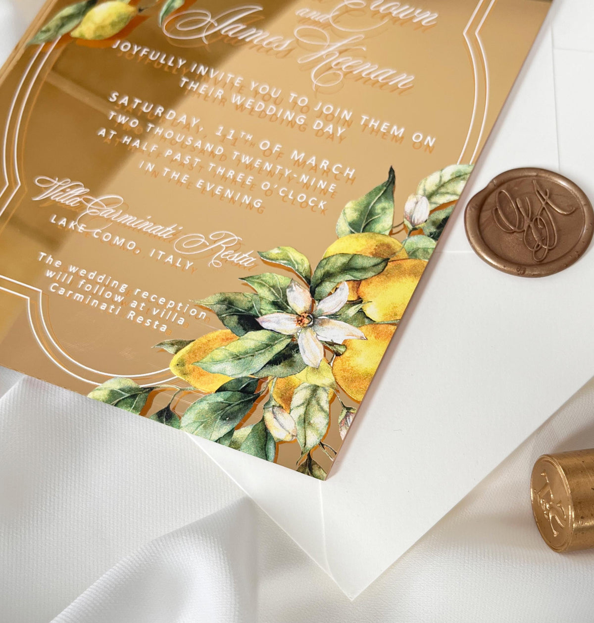 Gold Mirror Acrylic Invitation, Mediterranean Lemon Wedding Card, Personalised Destination Invite from Santorini