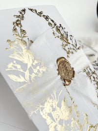 Clear Acrylic Wedding Invitation with Gold Foil Vellum Cover, Black UV Print, Wax Seal & Ribbon