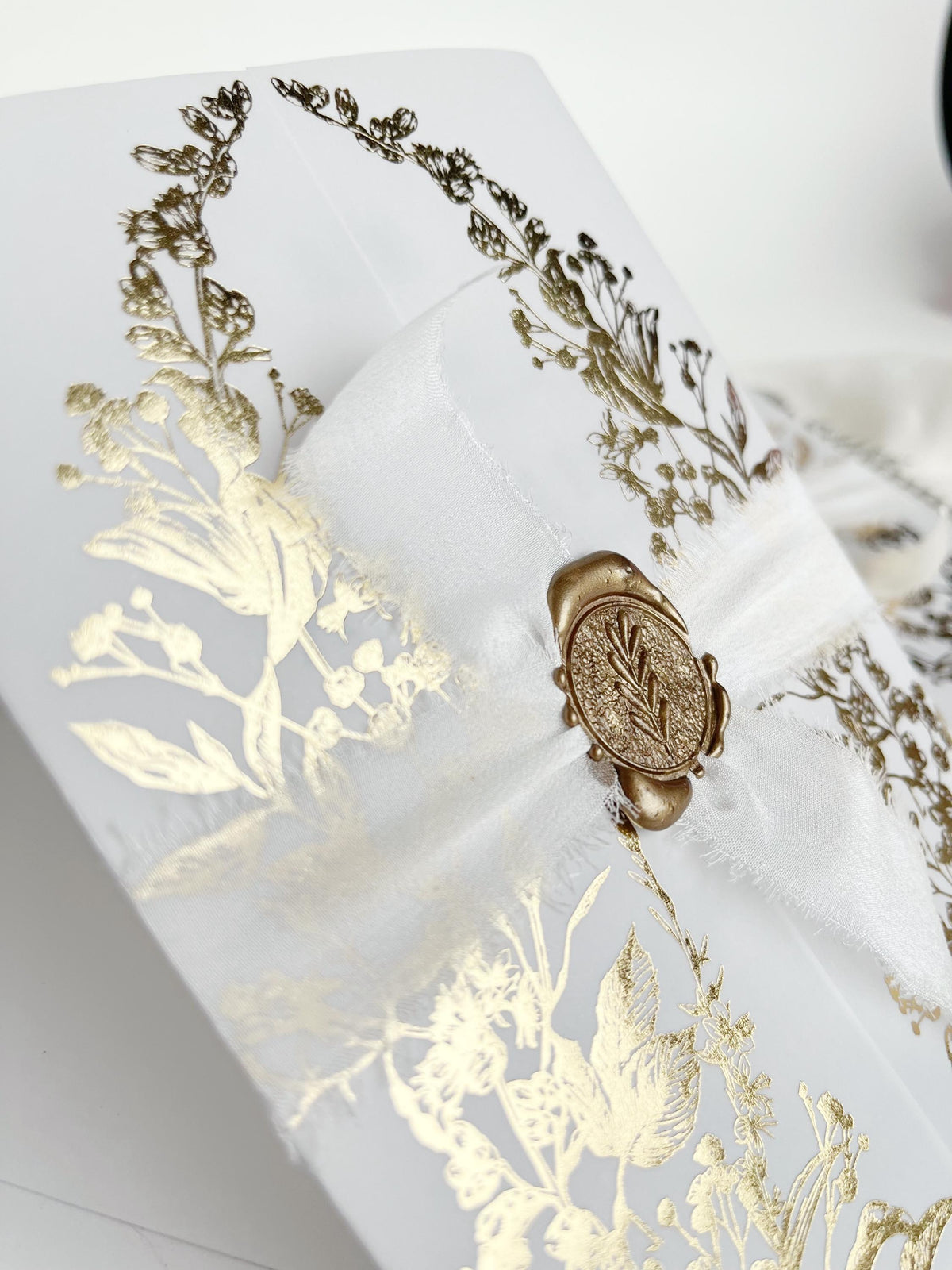Clear Acrylic Wedding Invitation with Gold Foil Vellum Cover, Black UV Print, Wax Seal & Ribbon