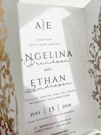 Clear Acrylic Wedding Invitation with Gold Foil Vellum Cover, Black UV Print, Wax Seal & Ribbon
