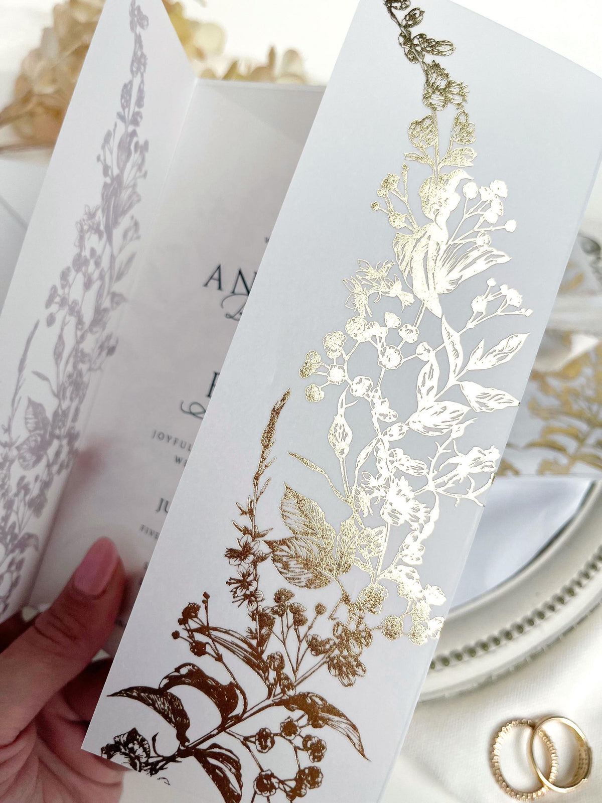 Clear Acrylic Wedding Invitation with Gold Foil Vellum Cover, Black UV Print, Wax Seal & Ribbon