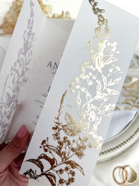 Clear Acrylic Wedding Invitation with Gold Foil Vellum Cover, Black UV Print, Wax Seal & Ribbon