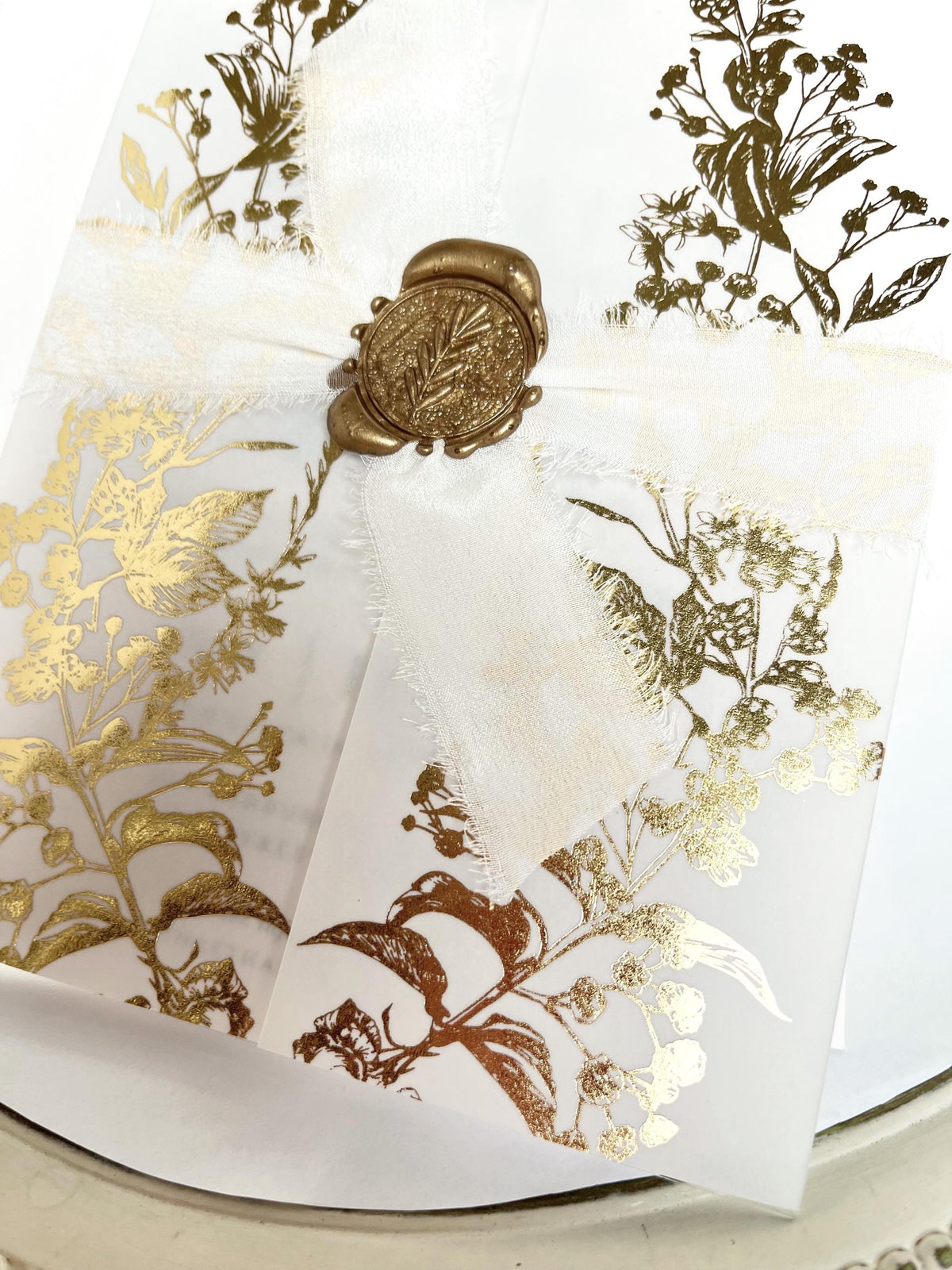Clear Acrylic Wedding Invitation with Gold Foil Vellum Cover, Black UV Print, Wax Seal & Ribbon