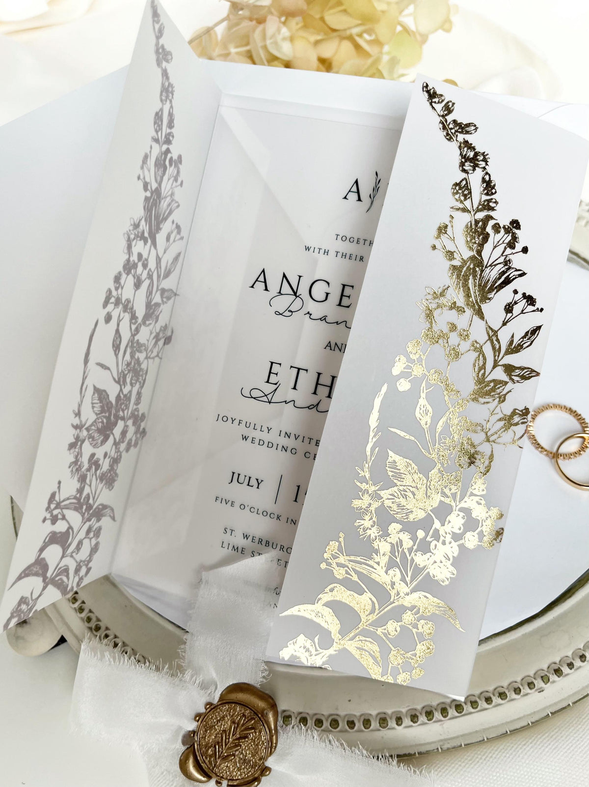 Clear Acrylic Wedding Invitation with Gold Foil Vellum Cover, Black UV Print, Wax Seal & Ribbon