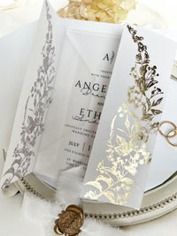 Clear Acrylic Wedding Invitation with Gold Foil Vellum Cover, Black UV Print, Wax Seal & Ribbon
