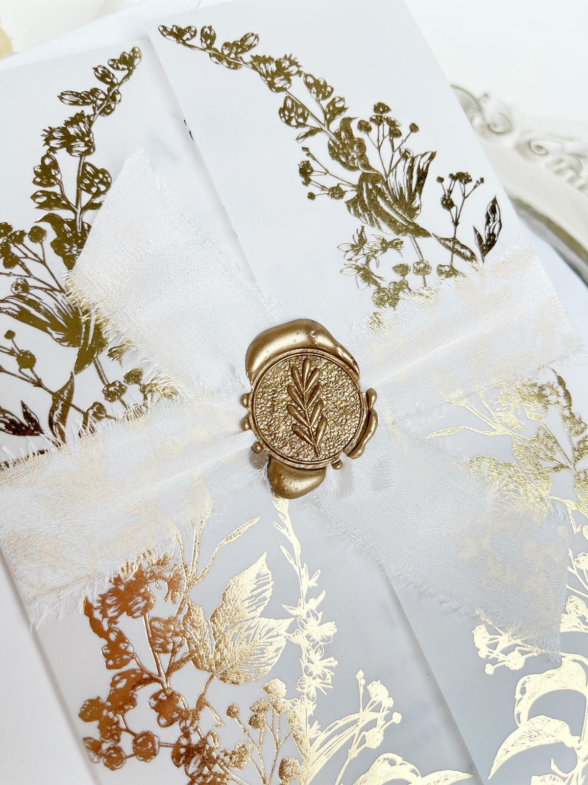 Clear Acrylic Wedding Invitation with Gold Foil Vellum Cover, Black UV Print, Wax Seal & Ribbon
