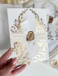 Clear Acrylic Wedding Invitation with Gold Foil Vellum Cover, Black UV Print, Wax Seal & Ribbon