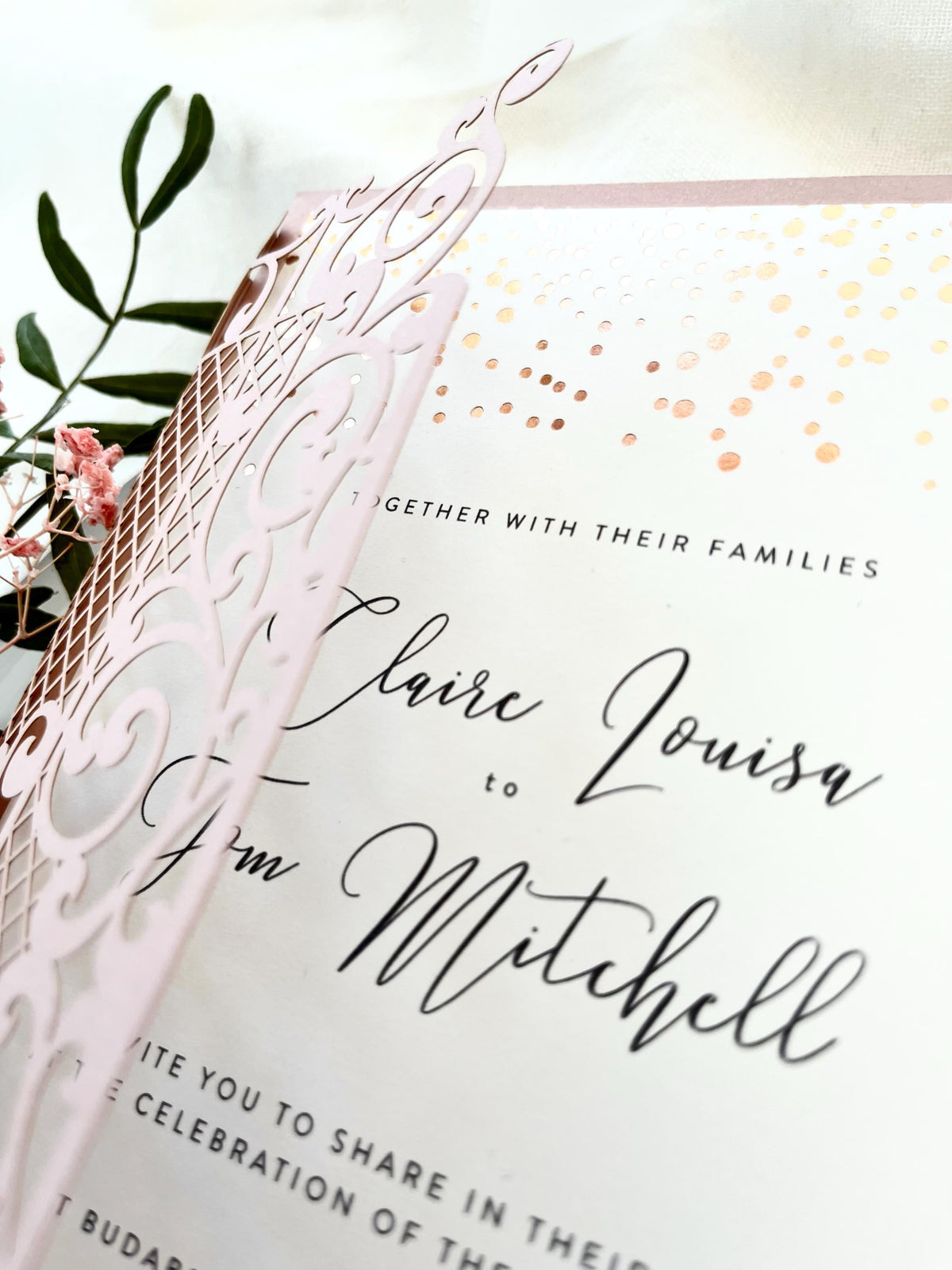 Pink Gatefold Wedding Invitations with Rose Gold Foil Confetti