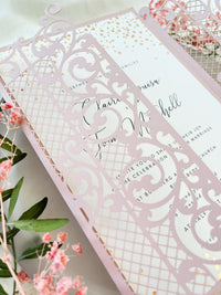 Pink Gatefold Wedding Invitations with Rose Gold Foil Confetti