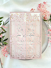 Pink Gatefold Wedding Invitations with Rose Gold Foil Confetti