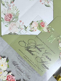 Acrylic Clear Wedding Invitation With Pink Rose and Sage Green Envelopes | Invitaciones de Boda