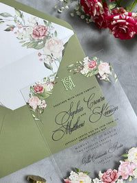 Acrylic Clear Wedding Invitation With Pink Rose and Sage Green Envelopes | Invitaciones de Boda