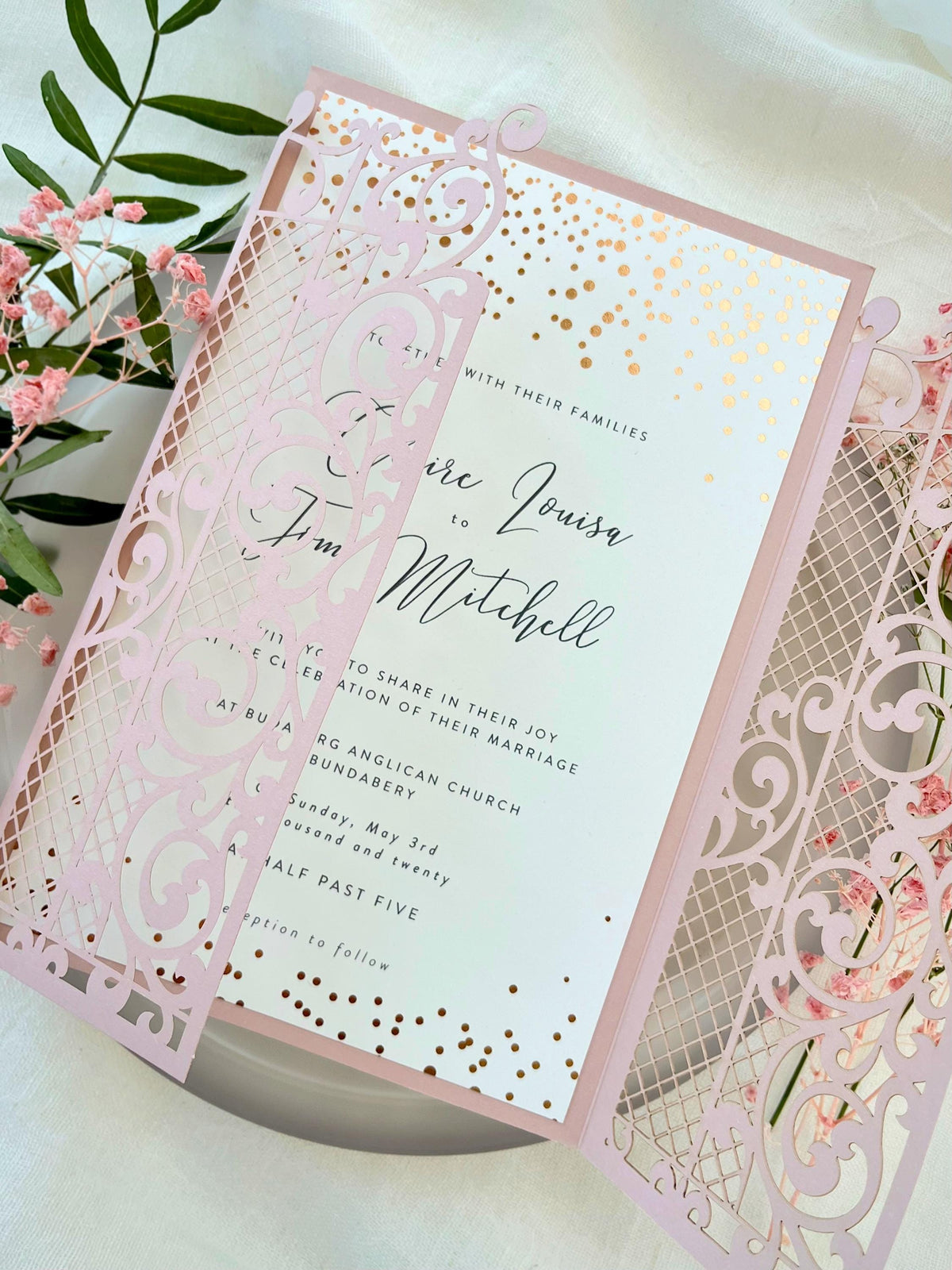 Pink Gatefold Wedding Invitations with Rose Gold Foil Confetti
