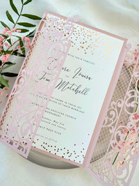 Pink Gatefold Wedding Invitations with Rose Gold Foil Confetti