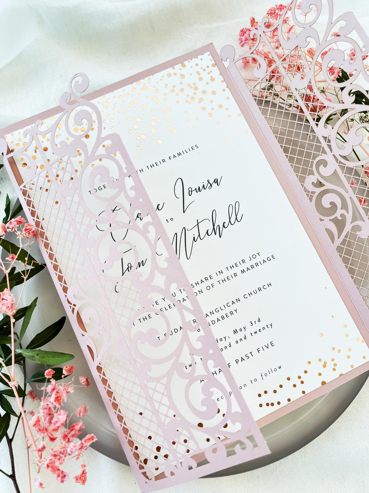 Pink Gatefold Wedding Invitations with Rose Gold Foil Confetti