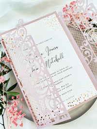 Pink Gatefold Wedding Invitations with Rose Gold Foil Confetti