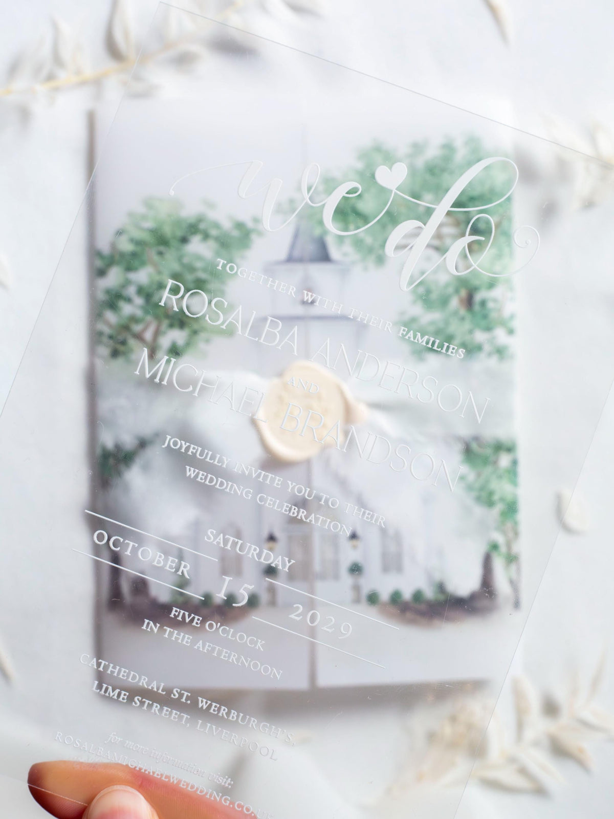 Watercolour Venue Wedding Invitation Suite, Acrylic & Vellum with Wax Seal and Dried Flowers