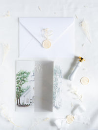 Watercolour Venue Wedding Invitation Suite, Acrylic & Vellum with Wax Seal and Dried Flowers