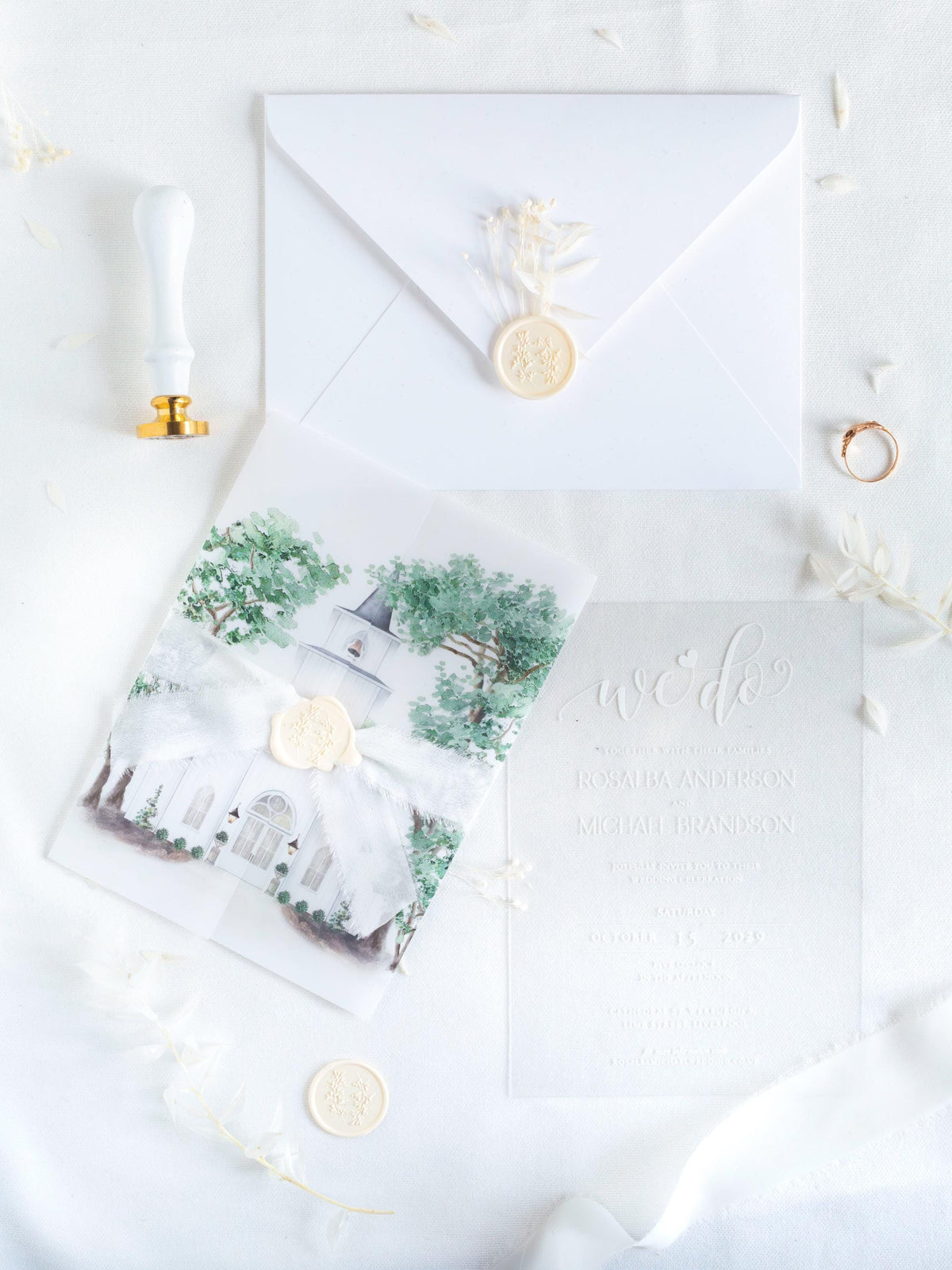 Watercolour Venue Wedding Invitation Suite, Acrylic & Vellum with Wax Seal and Dried Flowers