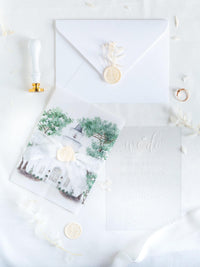 Watercolour Venue Wedding Invitation Suite, Acrylic & Vellum with Wax Seal and Dried Flowers