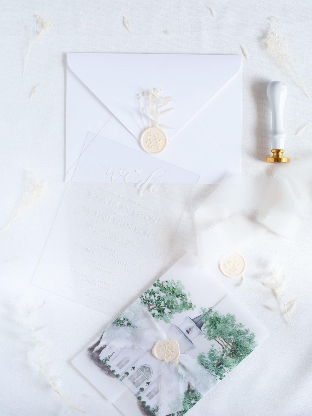 Watercolour Venue Wedding Invitation Suite, Acrylic & Vellum with Wax Seal and Dried Flowers