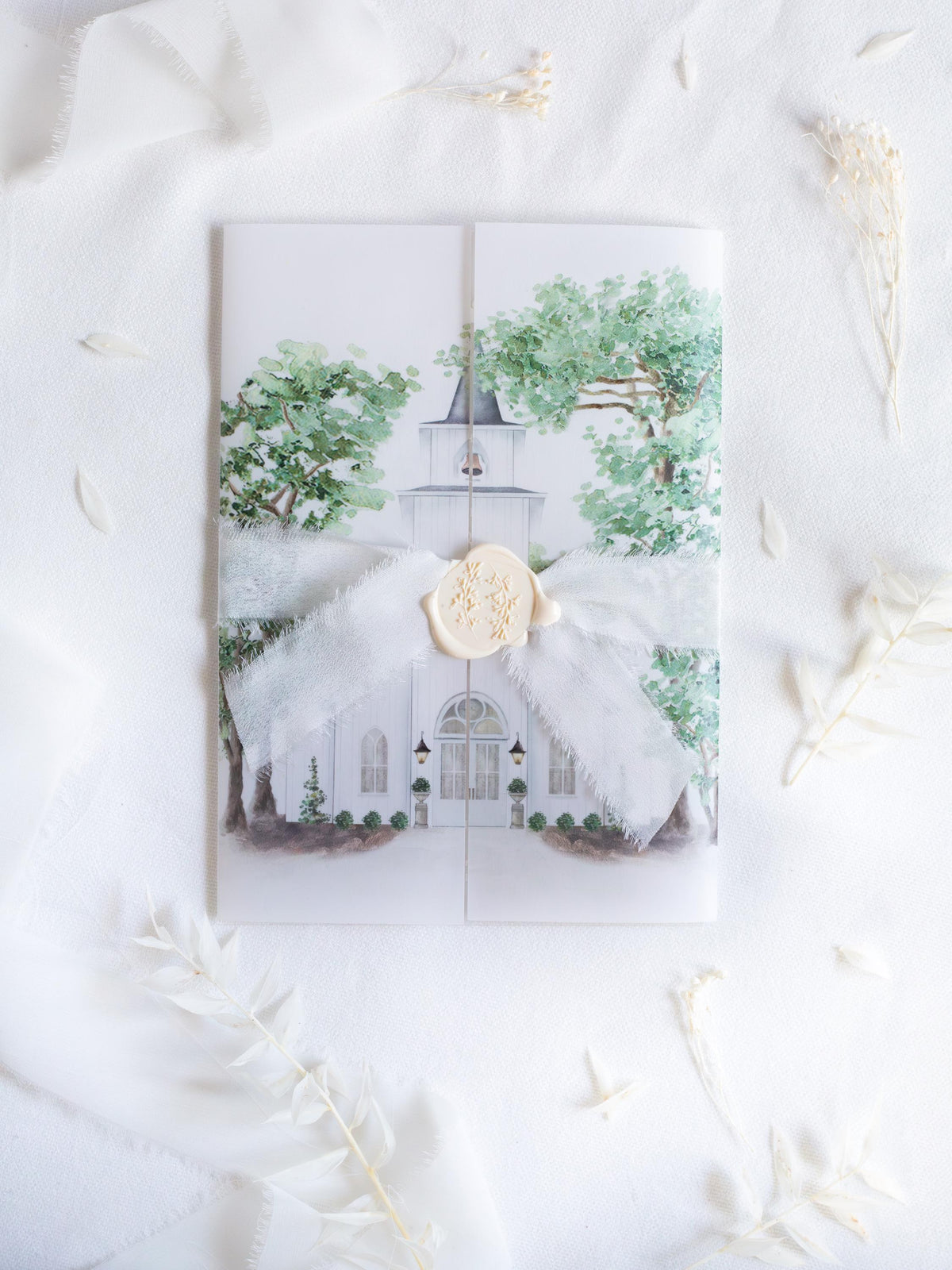 Watercolour Venue Wedding Invitation Suite, Acrylic & Vellum with Wax Seal and Dried Flowers