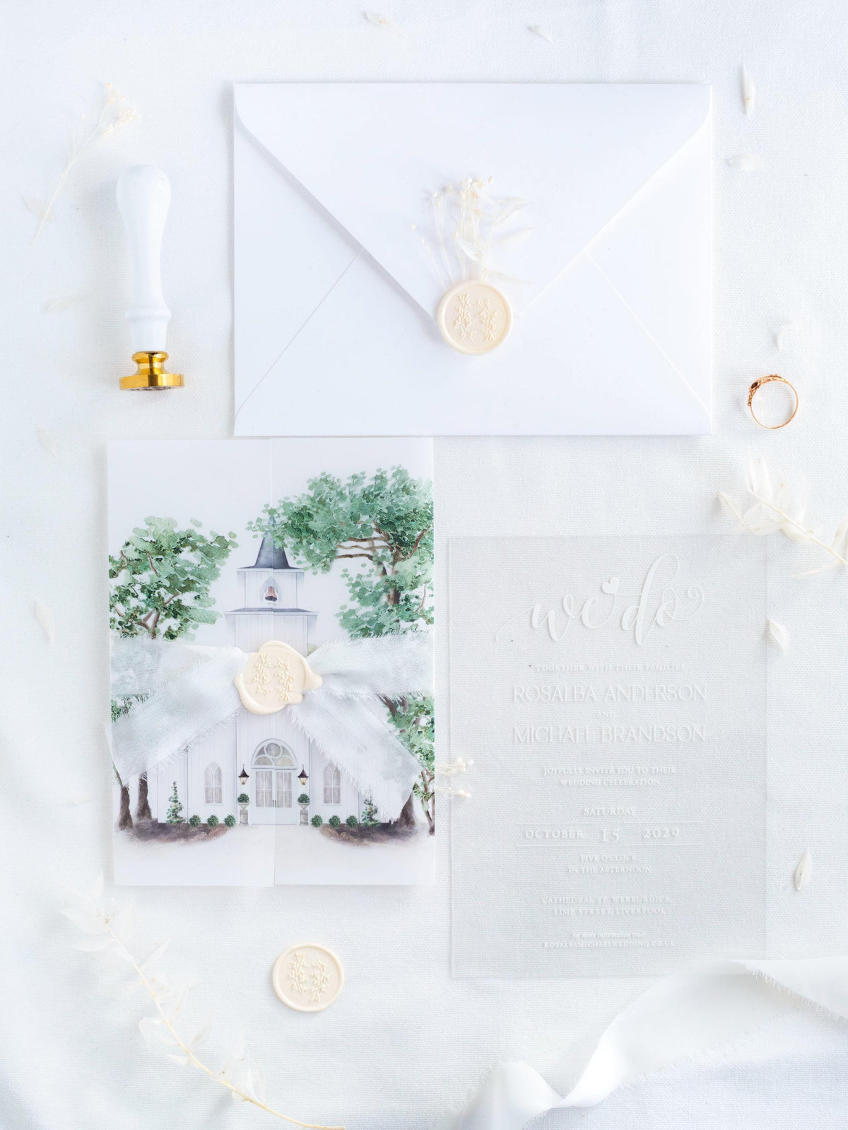Watercolour Venue Wedding Invitation Suite, Acrylic & Vellum with Wax Seal and Dried Flowers