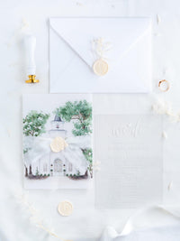 Watercolour Venue Wedding Invitation Suite, Acrylic & Vellum with Wax Seal and Dried Flowers