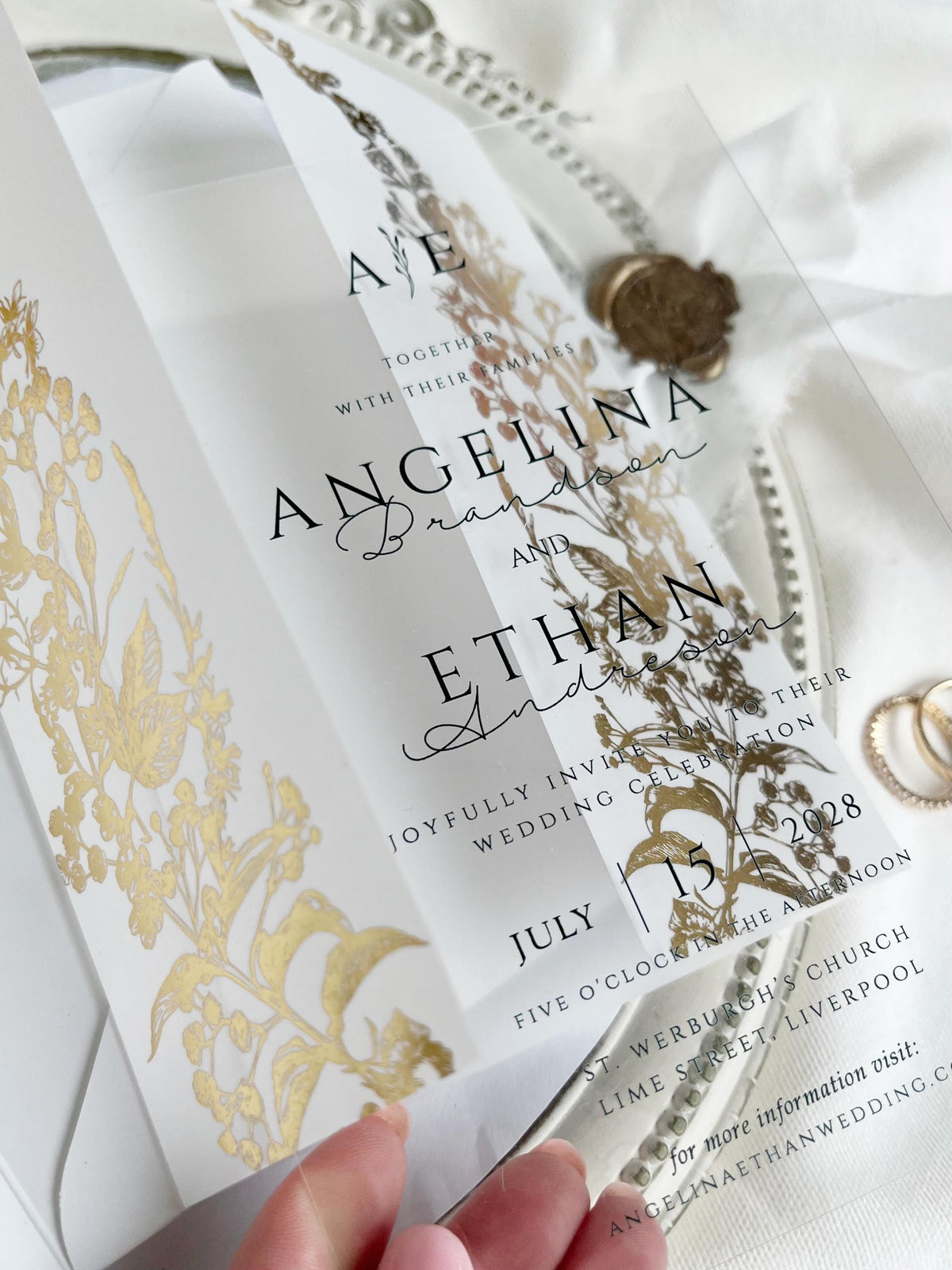 Clear Acrylic Wedding Invitation with Gold Foil Vellum Cover, Black UV Print, Wax Seal & Ribbon