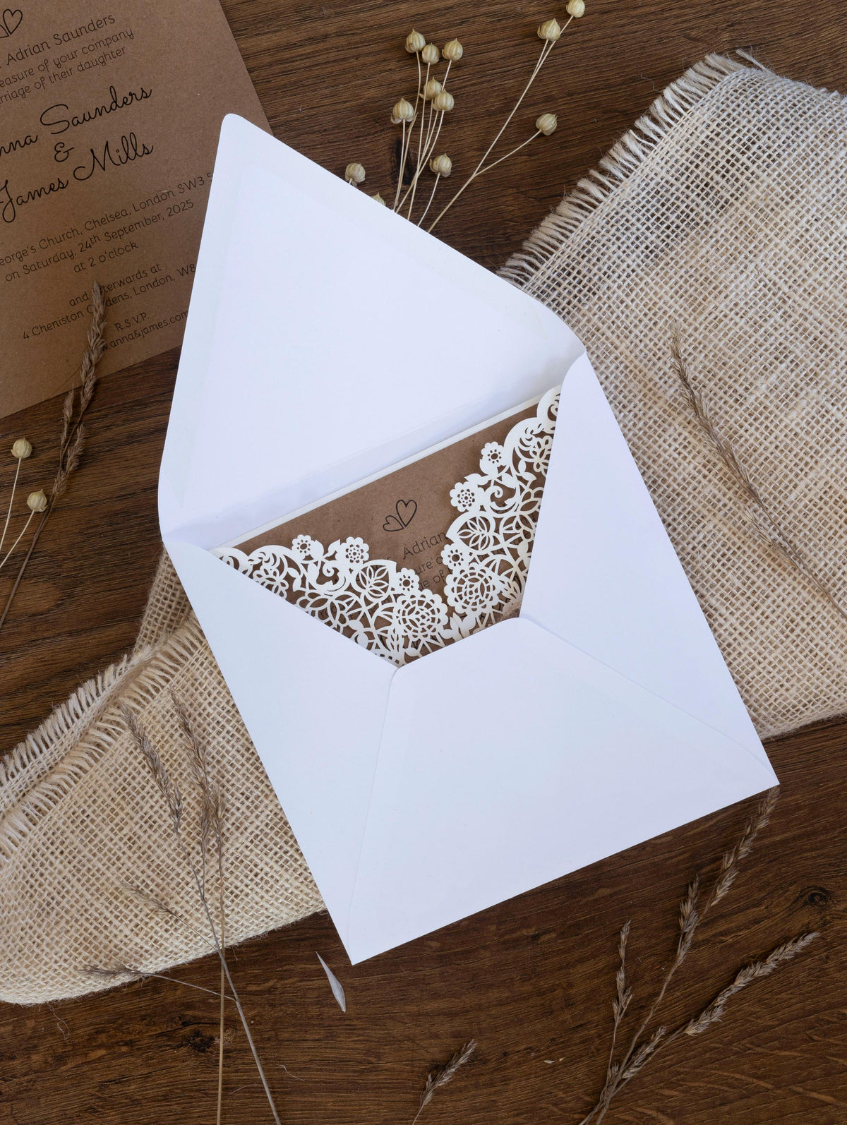 Rustic Laser Cut Wedding Invitations, Boho Cards with Tag & Jute String