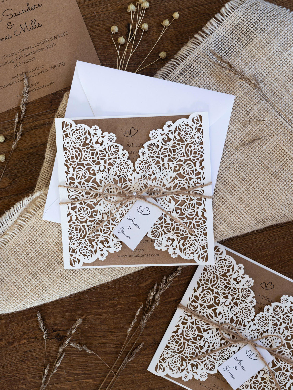 Rustic Laser Cut Wedding Invitations, Boho Cards with Tag & Jute String