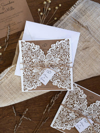 Rustic Laser Cut Wedding Invitations, Boho Cards with Tag & Jute String