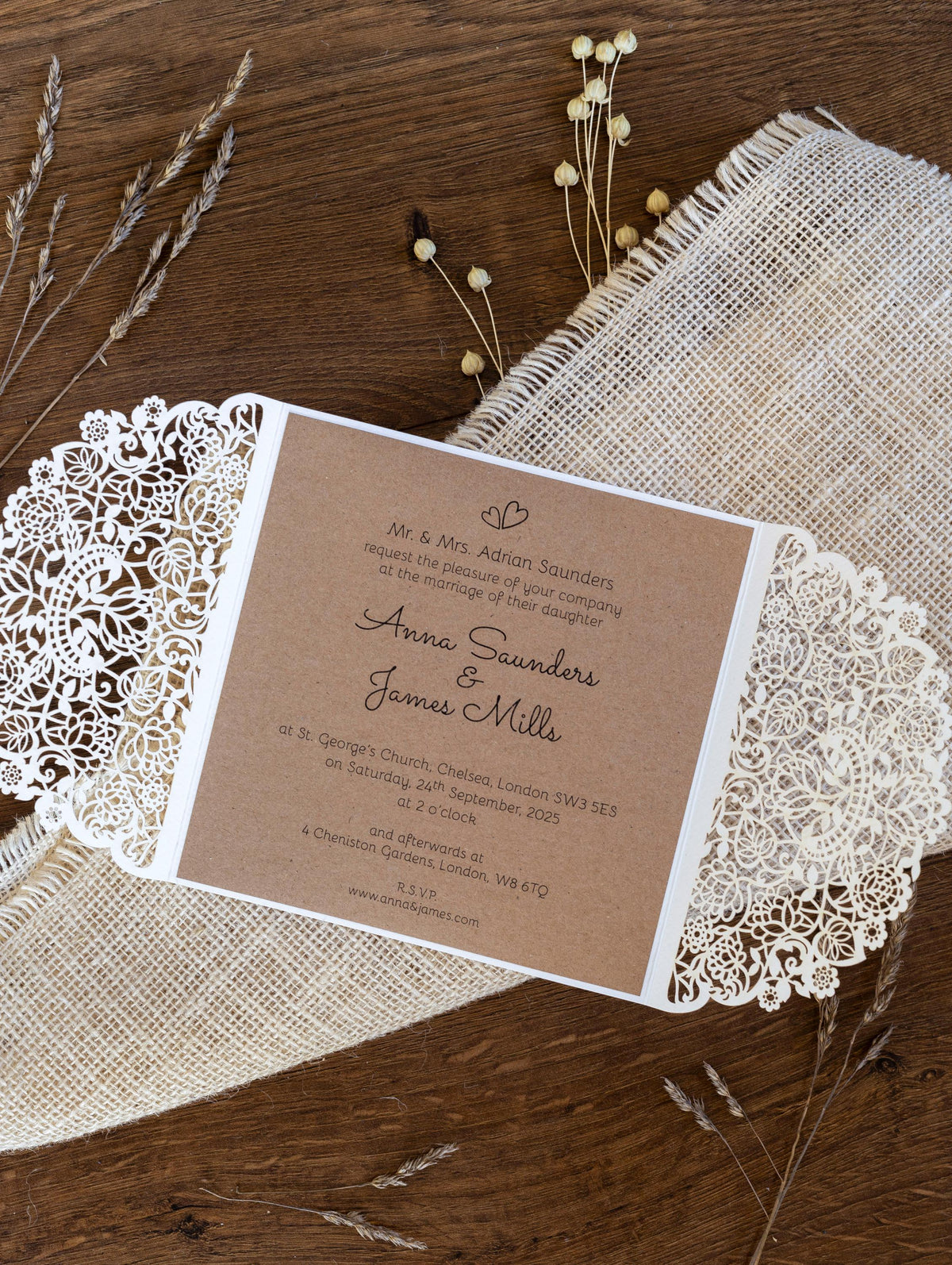 Rustic Laser Cut Wedding Invitations, Boho Cards with Tag & Jute String