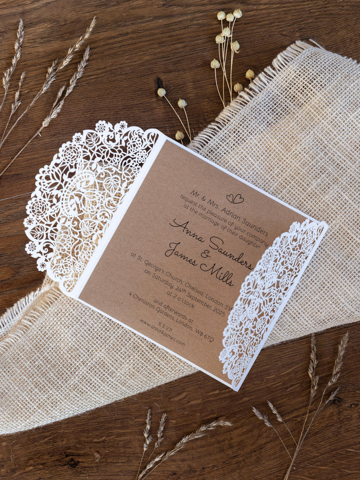 Rustic Laser Cut Wedding Invitations, Boho Cards with Tag & Jute String