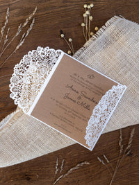 Rustic Laser Cut Wedding Invitations, Boho Cards with Tag & Jute String