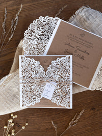 Rustic Laser Cut Wedding Invitations, Boho Cards with Tag & Jute String