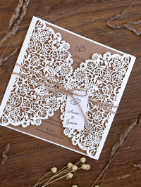 Rustic Laser Cut Wedding Invitations, Boho Cards with Tag & Jute String