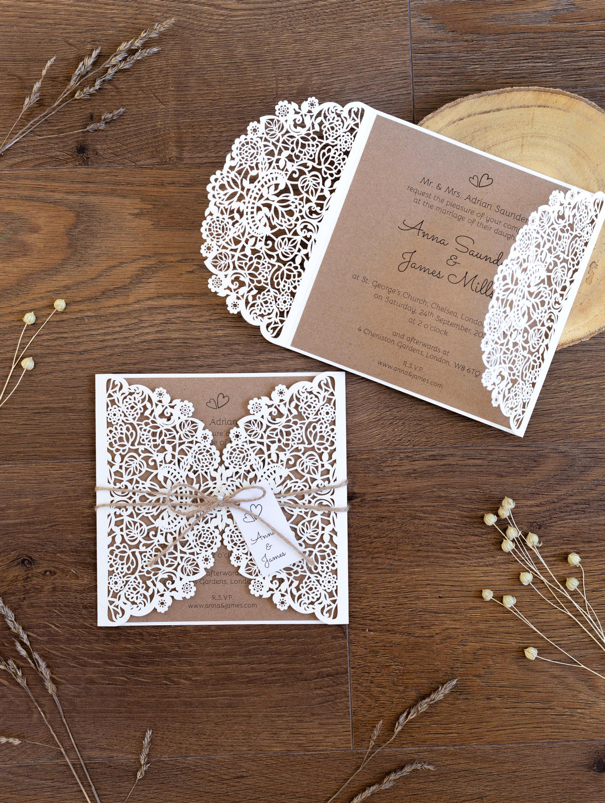 Rustic Laser Cut Wedding Invitations, Boho Cards with Tag & Jute String