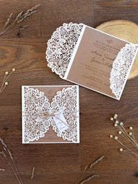 Rustic Laser Cut Wedding Invitations, Boho Cards with Tag & Jute String