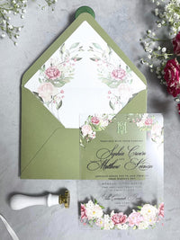 Acrylic Clear Wedding Invitation With Pink Rose and Sage Green Envelopes | Invitaciones de Boda