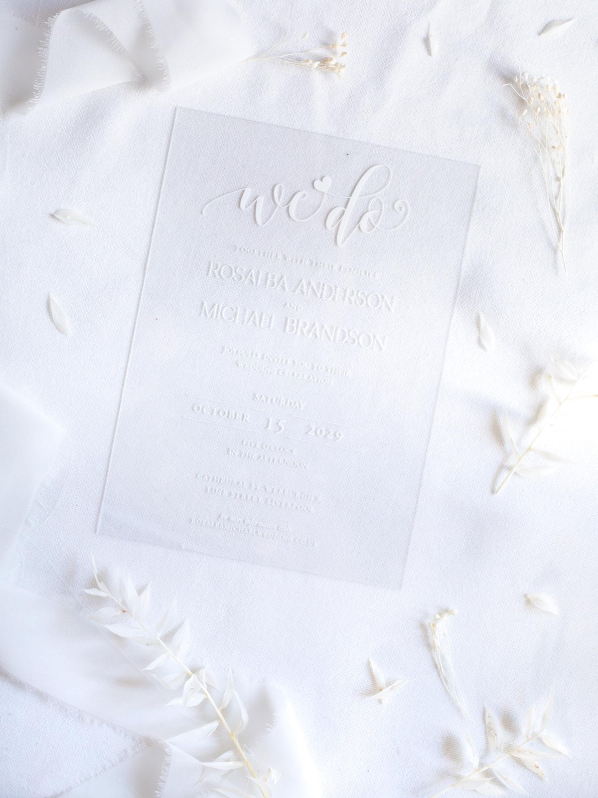 Watercolour Venue Wedding Invitation Suite, Acrylic & Vellum with Wax Seal and Dried Flowers