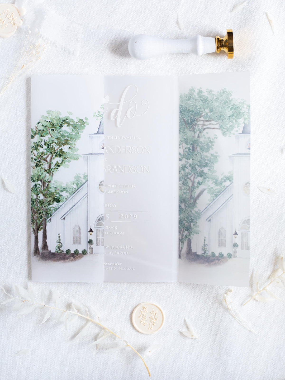 Watercolour Venue Wedding Invitation Suite, Acrylic & Vellum with Wax Seal and Dried Flowers