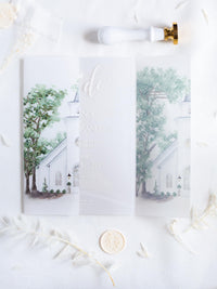 Watercolour Venue Wedding Invitation Suite, Acrylic & Vellum with Wax Seal and Dried Flowers