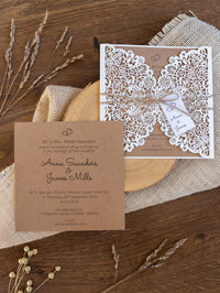 Rustic Laser Cut Wedding Invitations, Boho Cards with Tag & Jute String