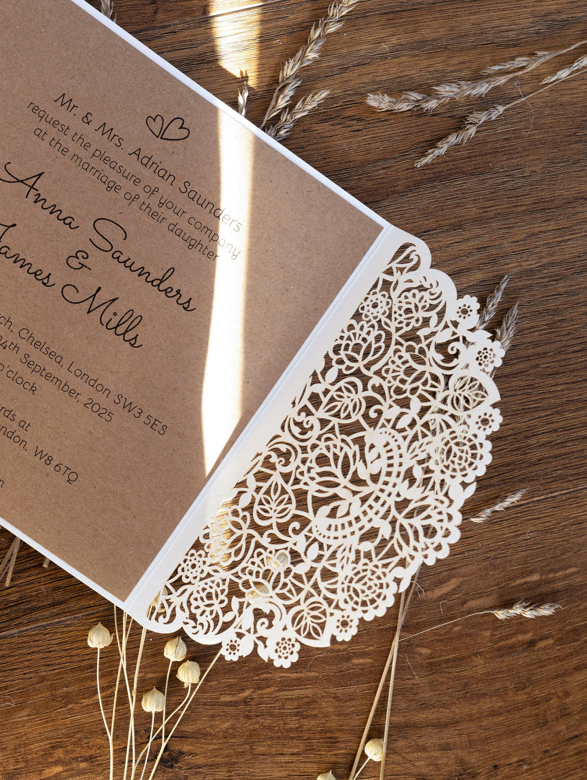 Rustic Laser Cut Wedding Invitations, Boho Cards with Tag & Jute String
