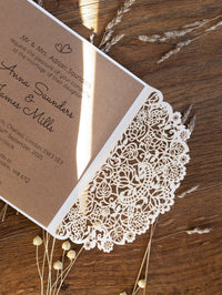 Rustic Laser Cut Wedding Invitations, Boho Cards with Tag & Jute String
