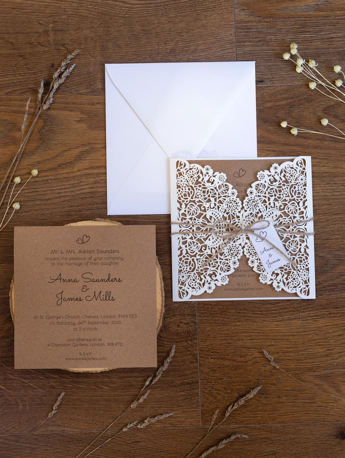 Rustic Laser Cut Wedding Invitations, Boho Cards with Tag & Jute String