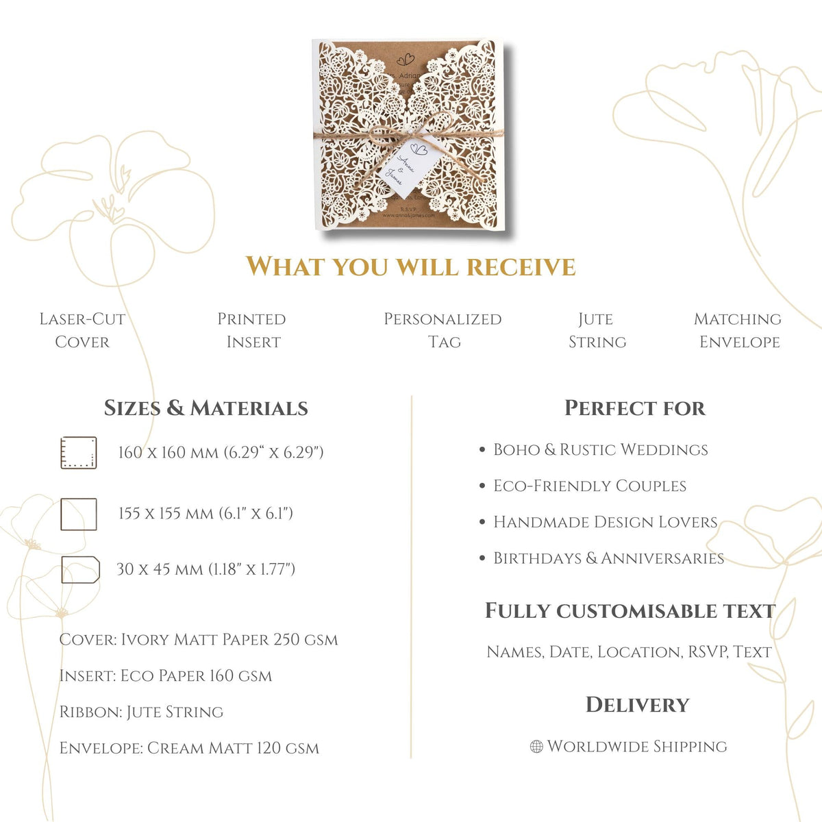 Rustic Laser Cut Wedding Invitations, Boho Cards with Tag & Jute String