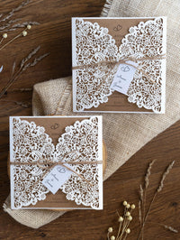 Rustic Laser Cut Wedding Invitations, Boho Cards with Tag & Jute String